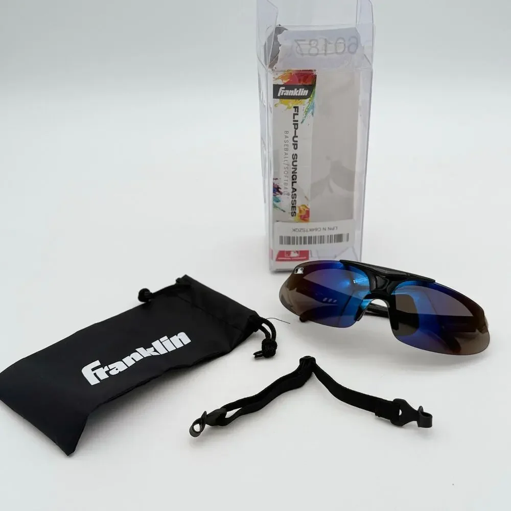 Franklin MLB Black Deluxe Flip-Up Sunglasses Blue Mirror Baseball Softball